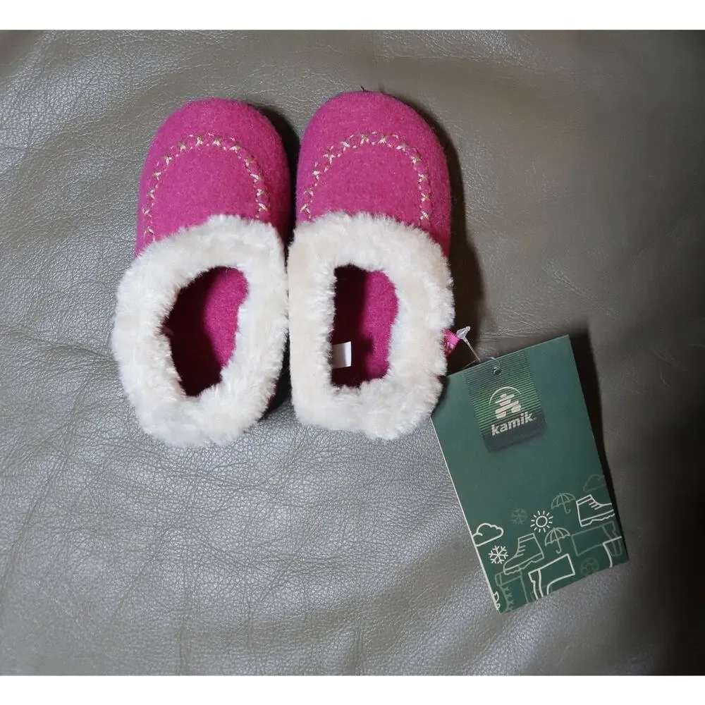 Kamik Pink Toddlers Cozy Cabin 2 Kids Size 5 Fur Lined Felt Slippers NEW